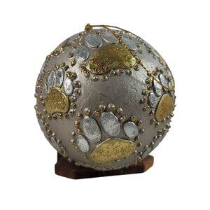 Dog Paw Ornament Silver Gold Beaded Glitter Metallic Round Ball Dark Champagne